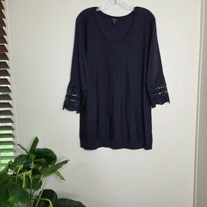 3 / $30 Talbots‎ Woman Knit Top Lace Sleeve 3/4 Sleeve Navy Blue Sweater X 14